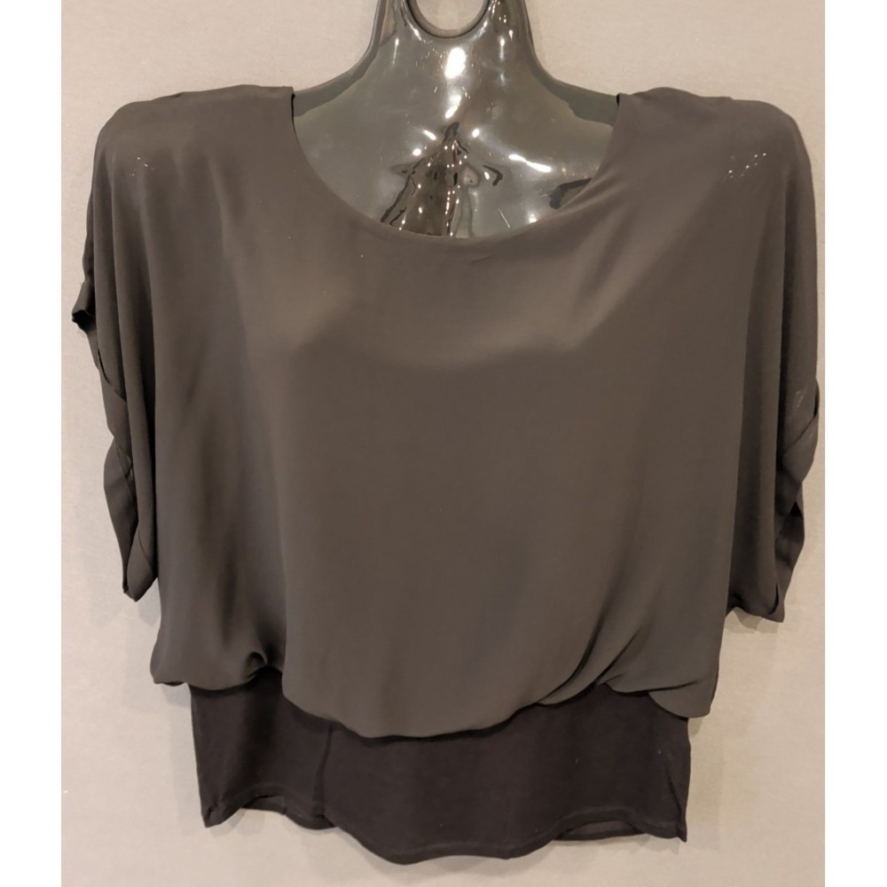 Joseph A XL Black Sheer Chiffon Overlay Blouse Batwing Top Stretch Waist